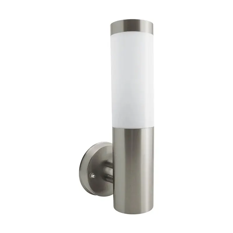 Luminaria pared cilindro vertical cubierta opalino acero inox. rejilla opalina exterior base E26