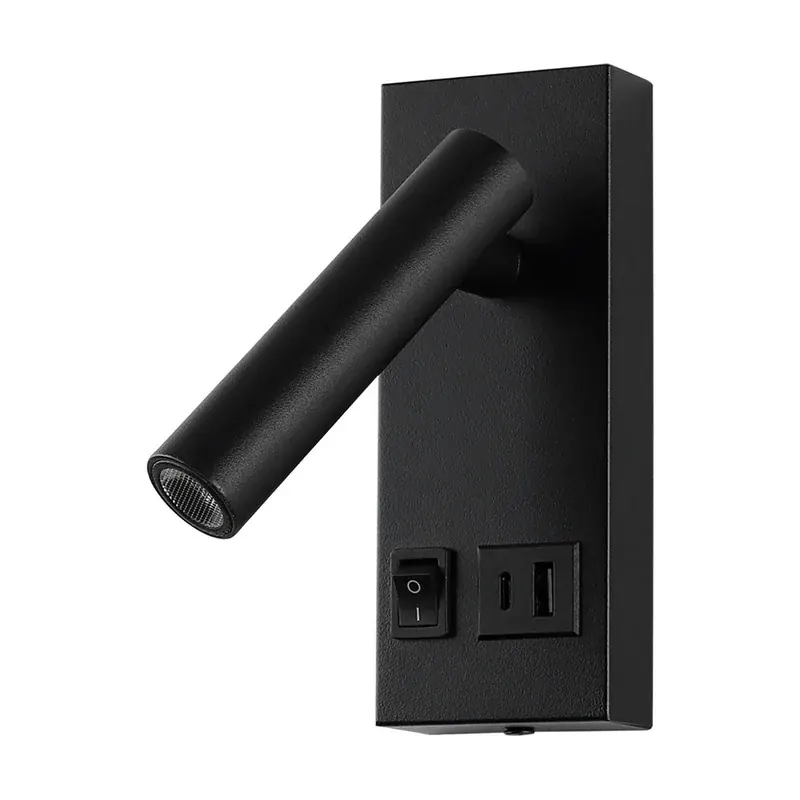 Luminaria LED pared lectura con puertos USB aluminio negro mate interior IP20 2W 146LM blanco frío 6500K