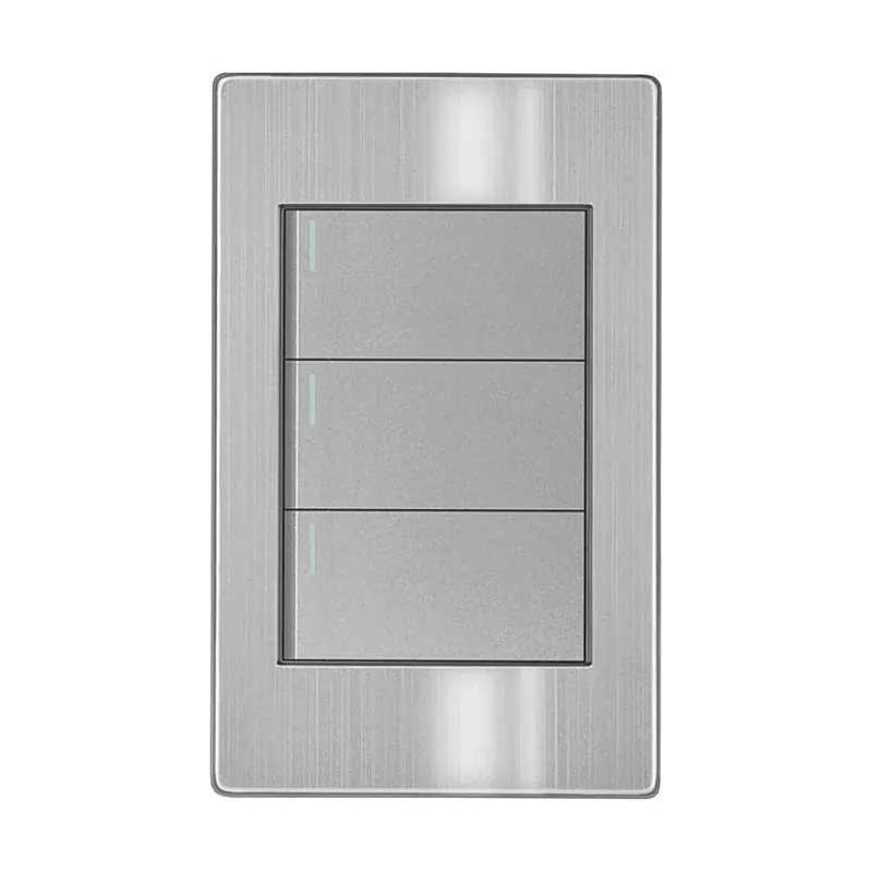 Placa gris apagador de 3 interruptores 3 vias 127/250VCA acero inoxidable 77X124MM