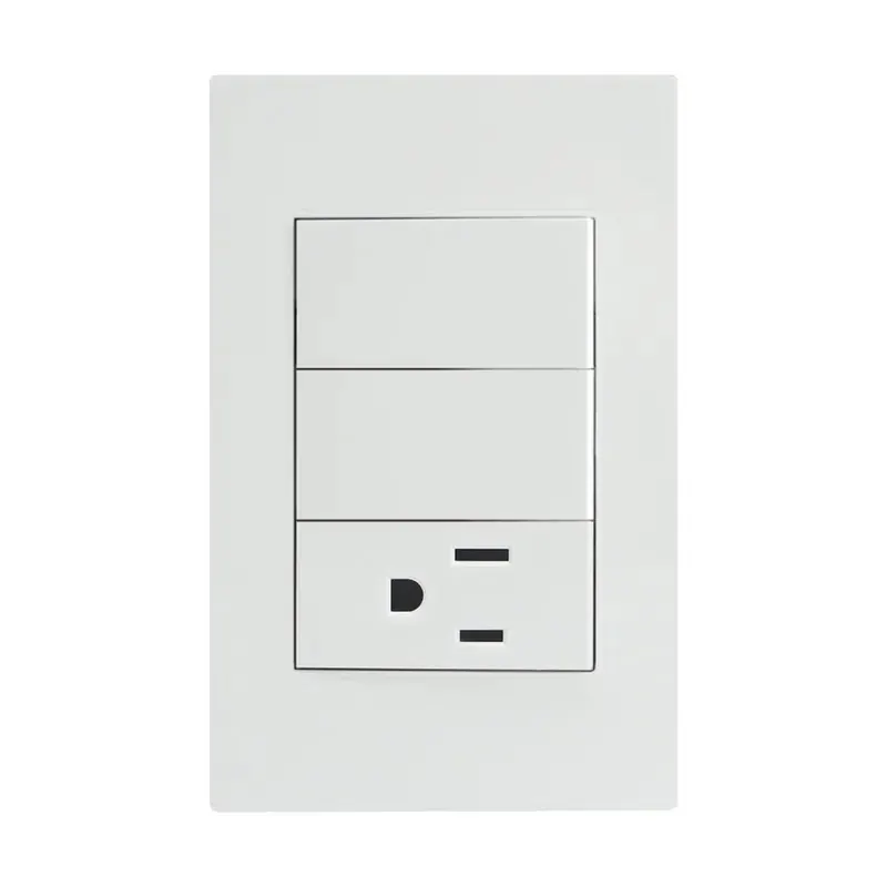 Placa blanca contacto sencillo y apagador de 2 interruptores 3 vias 127/250VCA policarbonato 75X118MM