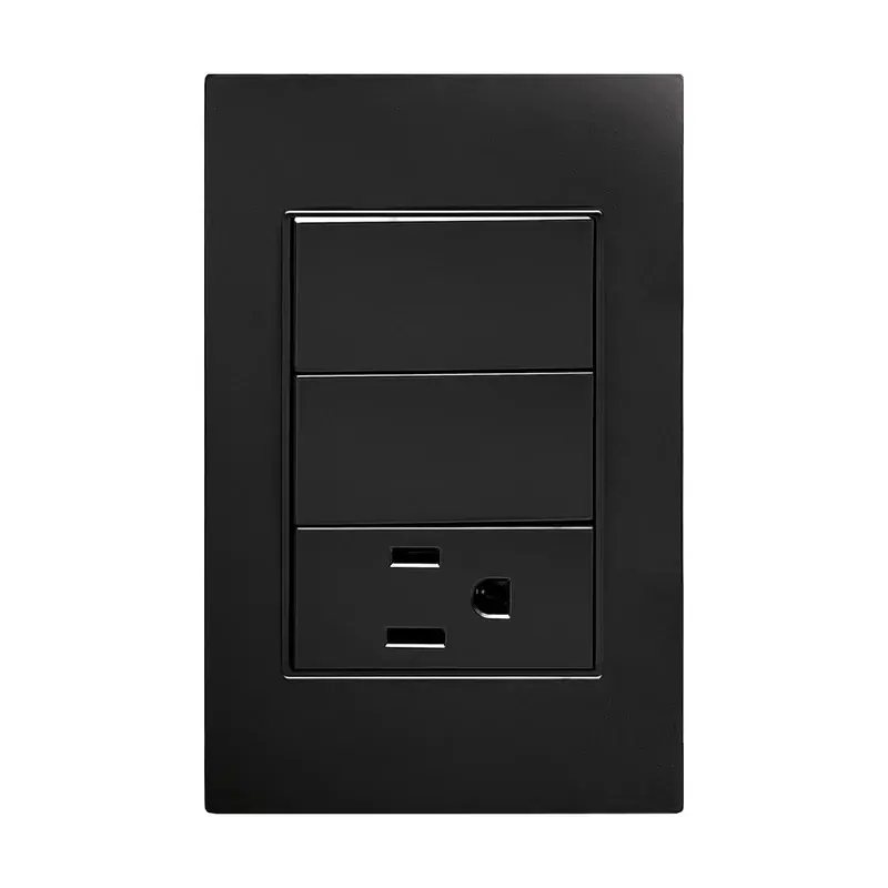 Placa negra contacto sencillo y apagador de 2 interruptores 3 vias 127/250VCA 77X124MM