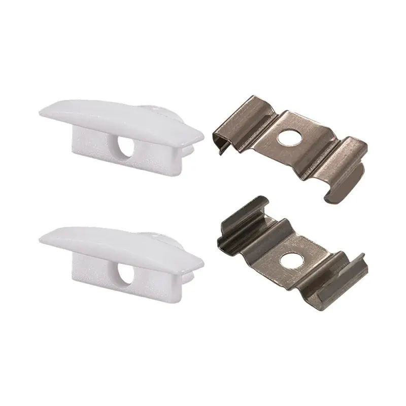Kit de instalación para perfil aluminio visible rectangular slim WPE-102 incluye 10 tapas de plástico y 10 clips de aluminio