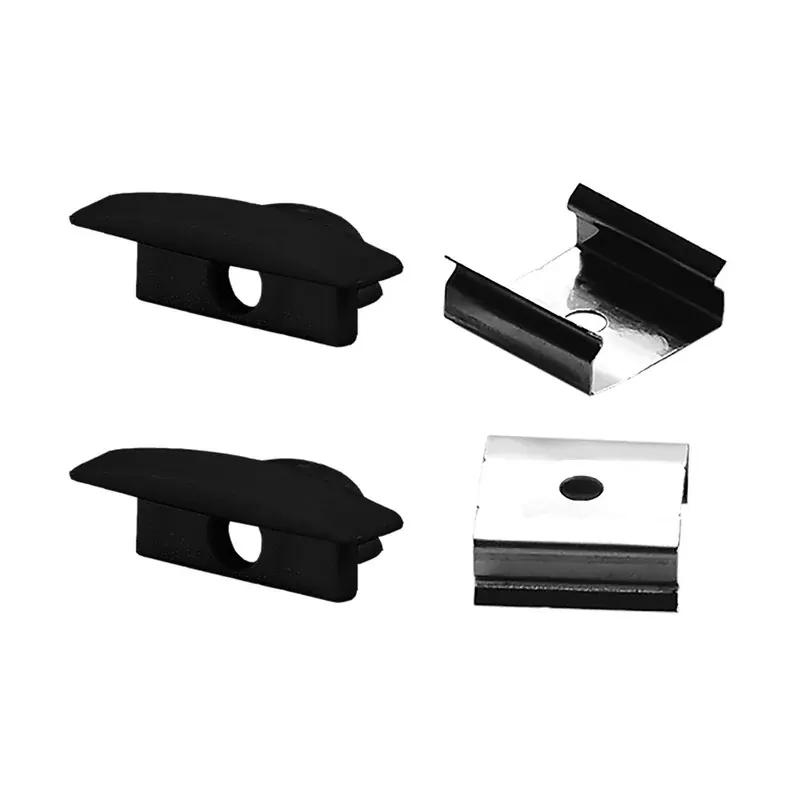 Kit de instalación para perfil aluminio negro visible rectangular slim WPE-202 incluye 10 tapas de plástico y 10 clips de aluminio